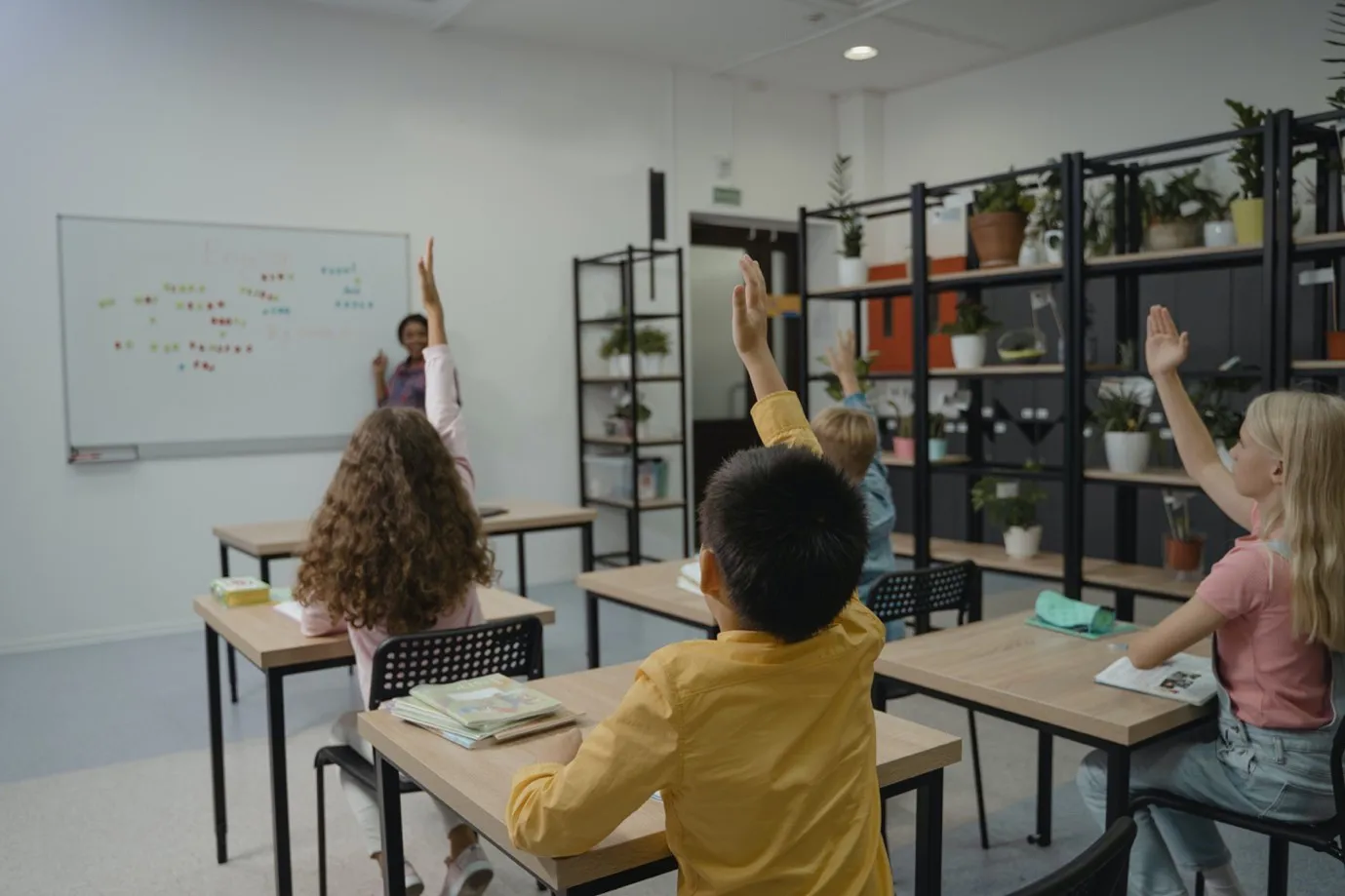 children in school putting their hands up