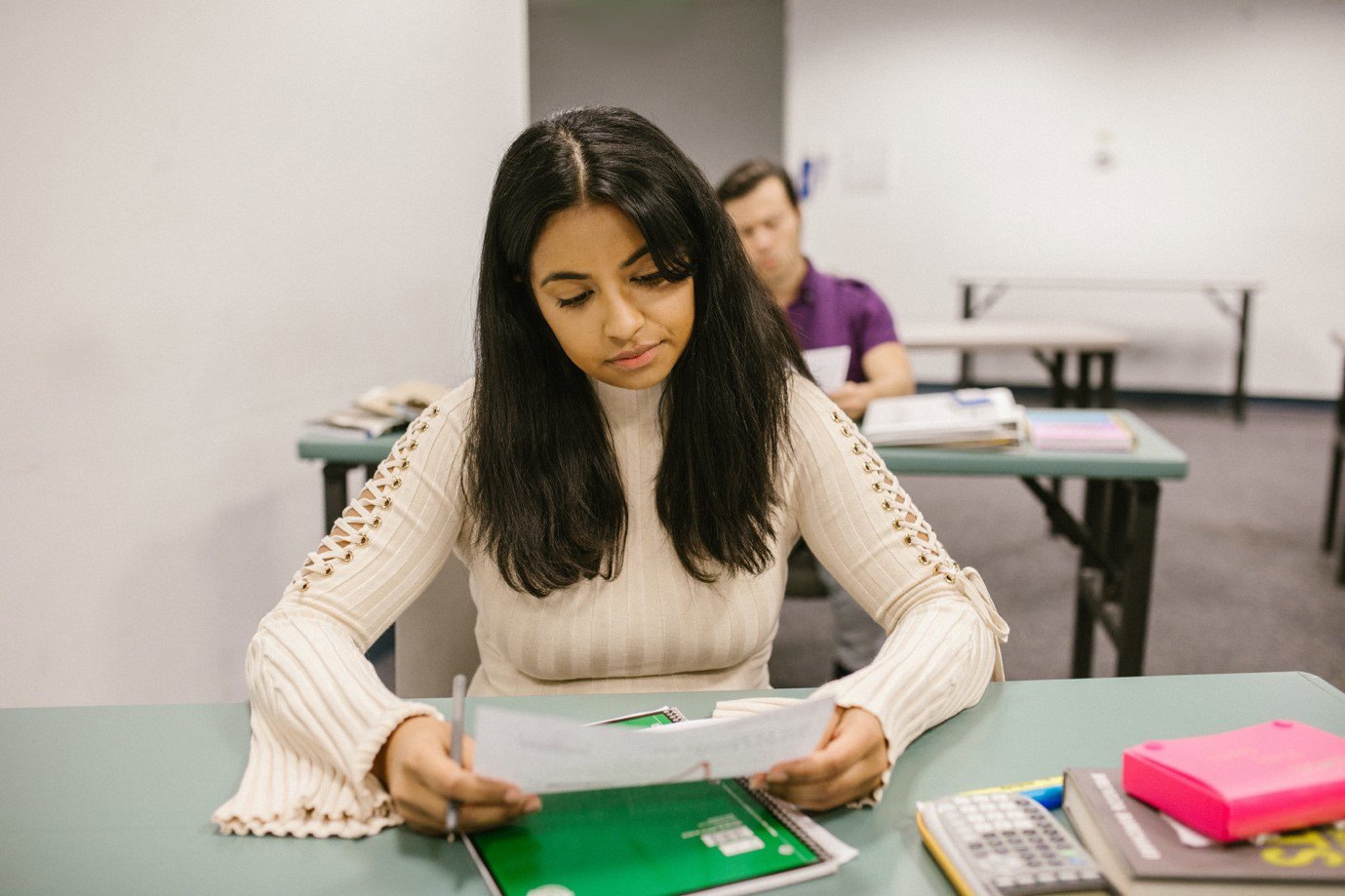 A student in class reading